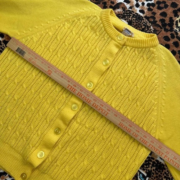 Vintage 70s Cable Knit Cardigan Yellow Button Down Knitwear Sweater - Picture 3 of 8